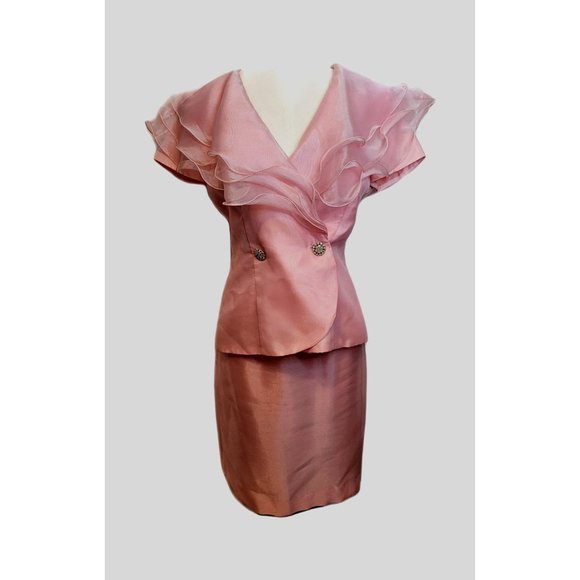 Formal Skirt Top Set 2 Pieces Pink Ruffle Polyester Acetate Bling Vintage 80s Al - Picture 1 of 12